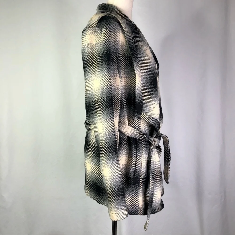 Jack by BB Dakota sweater coat grey plaid shawl collar waist tie open front XS